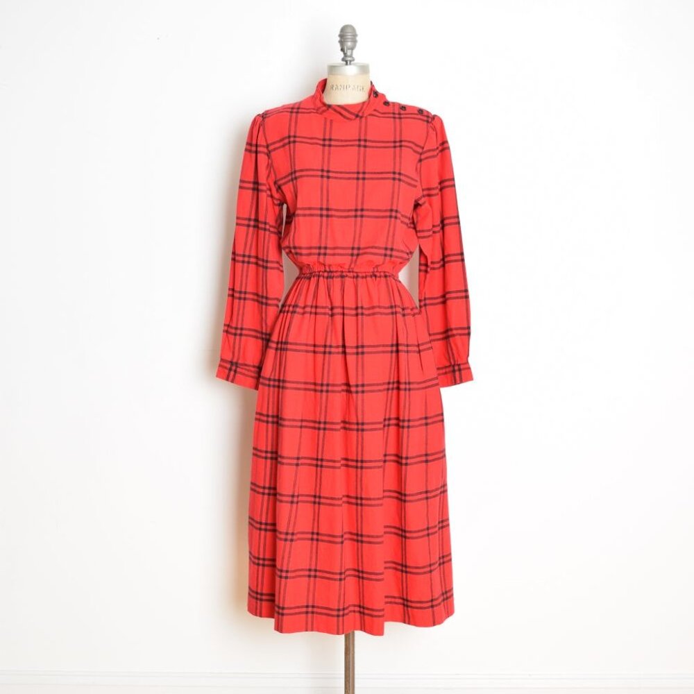 vintage 80s dress Lanz Originals red black plaid flannel long sleeve midi M